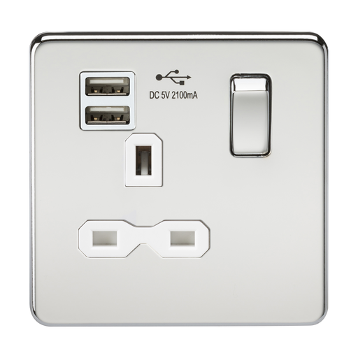Knightsbridge SFR9901PCW Screwless 13A 1G Switched Socket With Dual USB Charger - Polished Chrome With White Insert Light Switches Knightsbridge - Sparks Warehouse