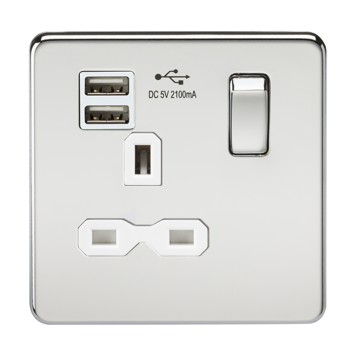 Knightsbridge SFR9901PCW Screwless 13A 1G Switched Socket With Dual USB Charger - Polished Chrome With White Insert Light Switches Knightsbridge - Sparks Warehouse