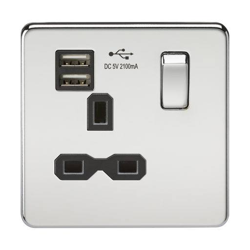 Knightsbridge SFR9901PC Screwless 13A 1G Switched Socket With Dual USB Charger - Polished Chrome With Black Insert Light Switches Knightsbridge - Sparks Warehouse