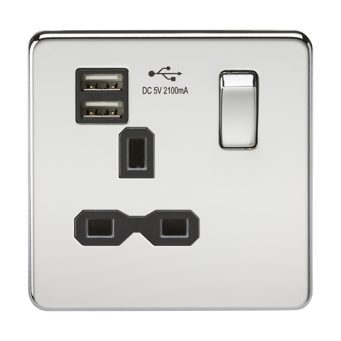 Knightsbridge SFR9901PC Screwless 13A 1G Switched Socket With Dual USB Charger - Polished Chrome With Black Insert Light Switches Knightsbridge - Sparks Warehouse