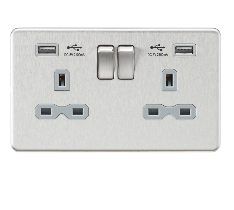 Knightsbridge SFR9224BCG Screwless 13A 2G Switched Socket With Dual USB Charger - Brushed Chrome With grey Insert Light Switches Knightsbridge - Sparks Warehouse