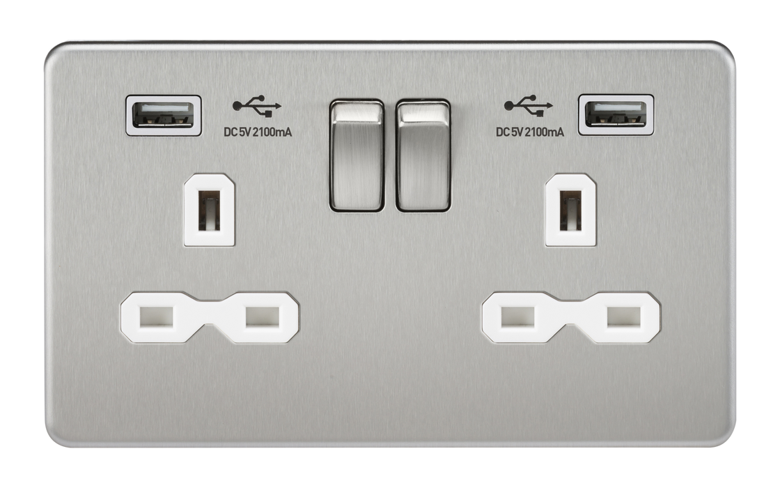 Knightsbridge SFR9224BCW Screwless 13A 2G Switched Socket With Dual USB Charger - Brushed Chrome With White Insert USB Sockets Knightsbridge - Sparks Warehouse