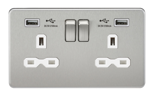 Knightsbridge SFR9224BCW Screwless 13A 2G Switched Socket With Dual USB Charger - Brushed Chrome With White Insert USB Sockets Knightsbridge - Sparks Warehouse