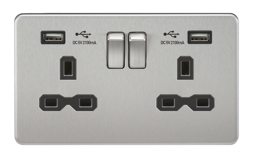 Knightsbridge SFR9224BC Screwless 13A 2G Switched Socket With Dual USB Charger - Brushed Chrome With Black Insert USB Sockets Knightsbridge - Sparks Warehouse