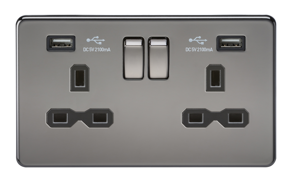 Knightsbridge SFR9224BN Screwless 13A 2G Switched Socket With Dual USB Charger - Black Nickel With Black Insert Light Switches Knightsbridge - Sparks Warehouse
