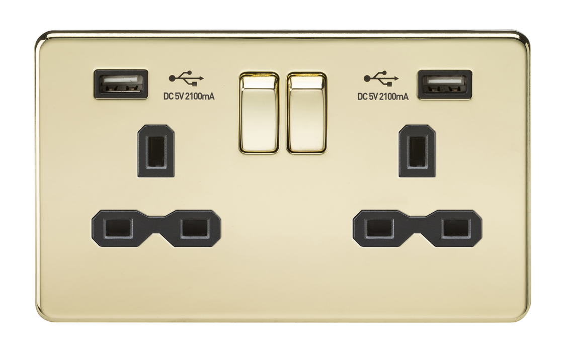 Knightsbridge SFR9224PB Flat Plate Screwless 13A 2G Switched Socket Twin USB- Polished Brass - Black Inserts KB Knightsbridge - Sparks Warehouse