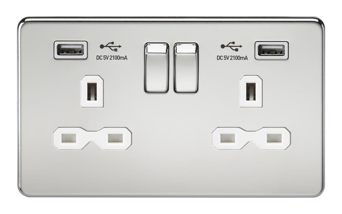 Knightsbridge SFR9224PCW Screwless 13A 2G Switched Socket With Dual USB Charger - Polished Chrome With White Insert Socket Knightsbridge - Sparks Warehouse
