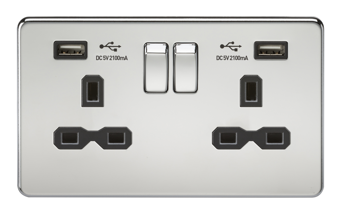 Knightsbridge SFR9224PC Screwless 13A 2G Switched Socket With Dual USB Charger - Polished Chrome With Black Insert Light Switches Knightsbridge - Sparks Warehouse