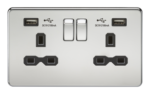 Knightsbridge SFR9224PC Screwless 13A 2G Switched Socket With Dual USB Charger - Polished Chrome With Black Insert Light Switches Knightsbridge - Sparks Warehouse