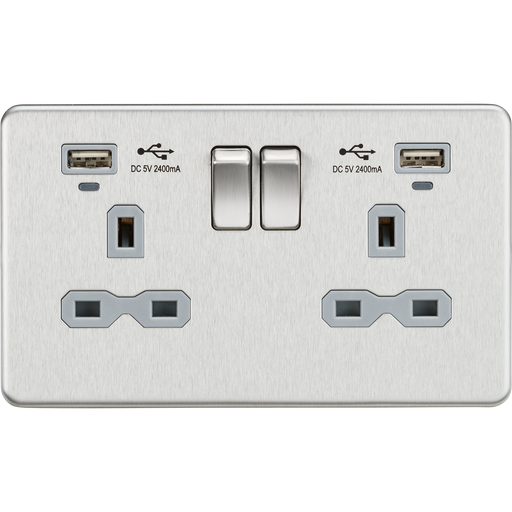 Knightsbridge SFR9904NBCG 13A 2G Switched Socket, Dual USB (2.4A) with LED Charge Indicators - Brushed Chrome w/grey insert ML Knightsbridge - Sparks Warehouse