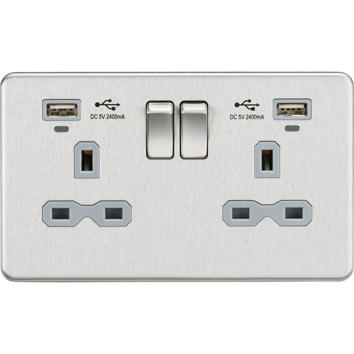Knightsbridge SFR9904NBCG 13A 2G Switched Socket, Dual USB (2.4A) with LED Charge Indicators - Brushed Chrome w/grey insert ML Knightsbridge - Sparks Warehouse