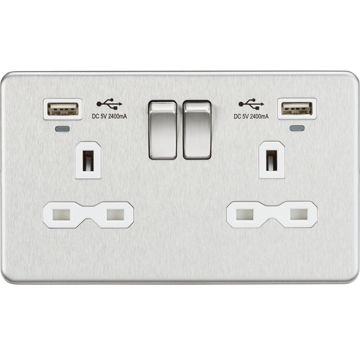 Knightsbridge SFR9904NBCW 13A 2G Switched Socket, Dual USB (2.4A) with LED Charge Indicators - Brushed Chrome w/white insert ML Knightsbridge - Sparks Warehouse