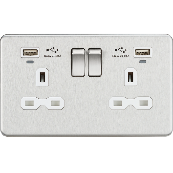 Knightsbridge SFR9904NBCW 13A 2G Switched Socket, Dual USB (2.4A) with LED Charge Indicators - Brushed Chrome w/white insert ML Knightsbridge - Sparks Warehouse