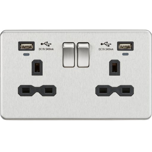 Knightsbridge SFR9904NBC 13A 2G Switched Socket, Dual USB (2.4A) with LED Charge Indicators - Brushed Chrome w/black insert ML Knightsbridge - Sparks Warehouse