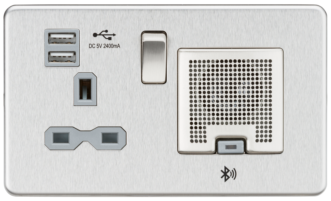 Knightsbridge SFR9905BCG - Screwless 13A socket, USB chargers (2.4A) and Bluetooth Speaker - Brushed Chrome Socket - With USB Knightsbridge - Sparks Warehouse