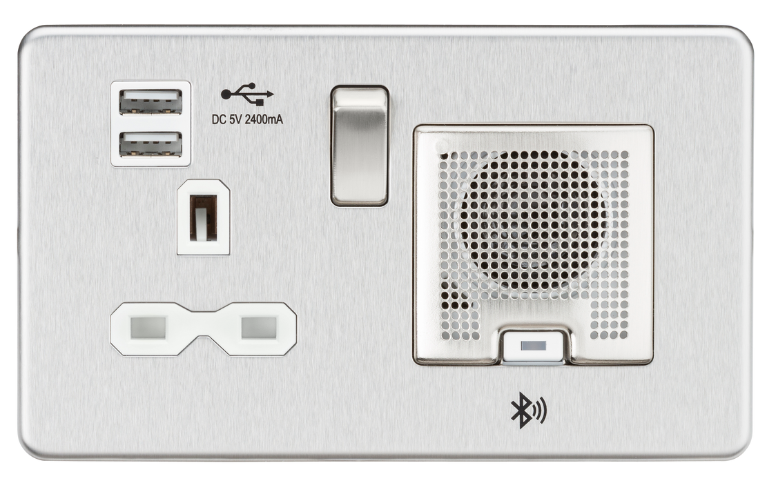 Knightsbridge SFR9905BCW - Screwless 13A socket, USB chargers (2.4A) and Bluetooth Speaker - Brushed Chrome Socket - With USB Knightsbridge - Sparks Warehouse