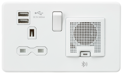 Knightsbridge SFR9905MW - Screwless 13A socket, USB chargers (2.4A) and Bluetooth Speaker - Matt white Knightsbridge Screwless Flat Plate Matt White Knightsbridge - Sparks Warehouse