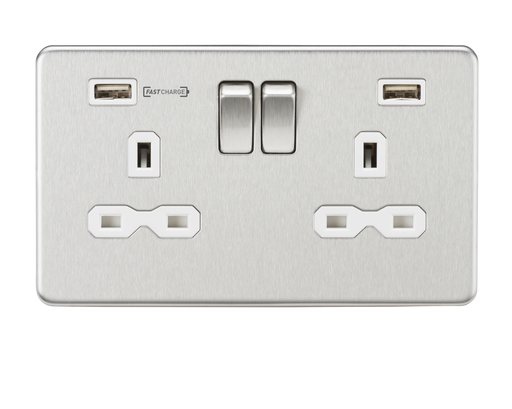 Knightsbridge SFR9906BCW Screwless 13A 2G Switched Socket With Type-A FASTCHARGE USB port - Brushed Chrome With White Insert USB Sockets Knightsbridge - Sparks Warehouse