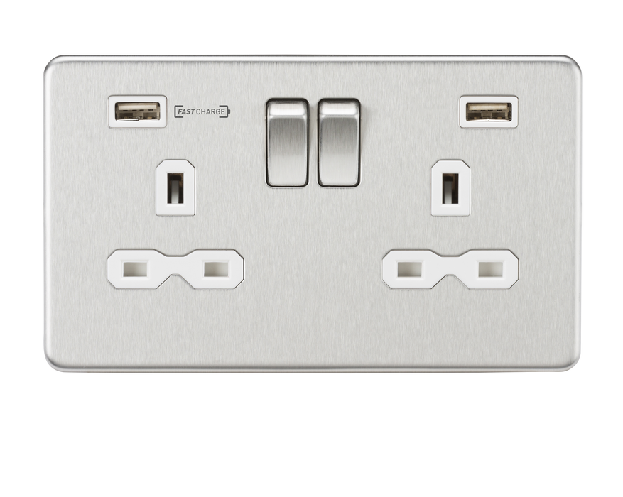 Knightsbridge SFR9906BCW Screwless 13A 2G Switched Socket With Type-A FASTCHARGE USB port - Brushed Chrome With White Insert USB Sockets Knightsbridge - Sparks Warehouse
