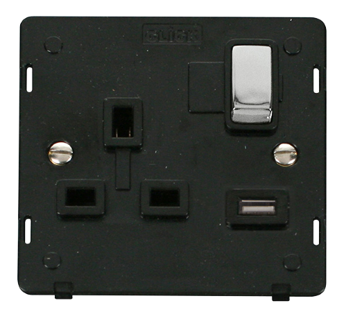 Scolmore SIN571BKCH - 13A 1G 'Ingot' Switched Socket With 2.1A USB Outlet Insert - Black / Chrome Definity Scolmore - Sparks Warehouse