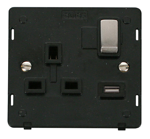 Scolmore SIN571BKSS - 13A 1G 'Ingot' Switched Socket With 2.1A USB Outlet Insert - Black / Stainless Steel Definity Scolmore - Sparks Warehouse