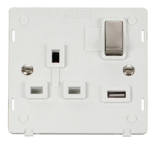 Scolmore SIN571PWBS - 13A 1G 'Ingot' Switched Socket With 2.1A USB Outlet Insert - White / Brushed Stainless Definity Scolmore - Sparks Warehouse