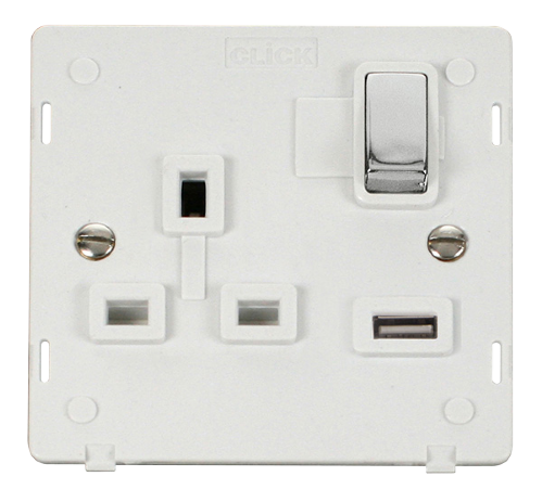 Scolmore SIN571PWCH - 13A 1G 'Ingot' Switched Socket With 2.1A USB Outlet Insert - White / Chrome Definity Scolmore - Sparks Warehouse