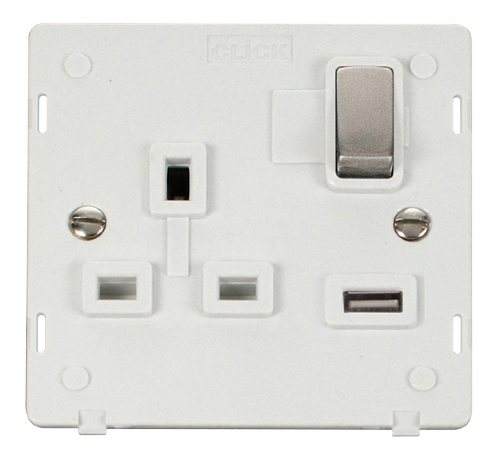 Scolmore SIN571PWSS - 13A 1G 'Ingot' Switched Socket With 2.1A USB Outlet Insert - White / Stainless Steel Definity Scolmore - Sparks Warehouse