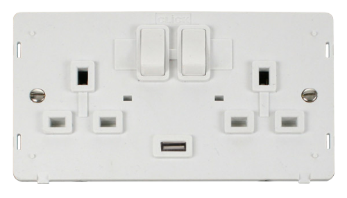 Scolmore SIN770PW - 13A 2G Switched Socket With 2.1A USB Outlet (Twin Earth) Insert - White Definity Scolmore - Sparks Warehouse