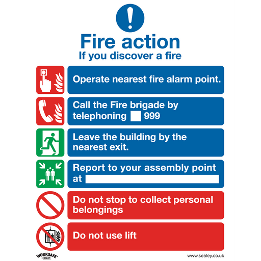 Sealey - SS19P10 Fire Action With Lift - Safe Conditions Safety Sign - Rigid Plastic - Pack of 10 Safety Products Sealey - Sparks Warehouse