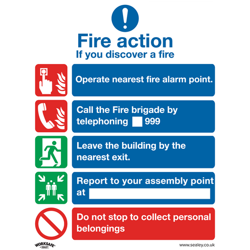 Sealey - SS20V10 Fire Action Without Lift - Safe Conditions Safety Sign - Self-Adhesive Vinyl - Pack of 10 Safety Products Sealey - Sparks Warehouse