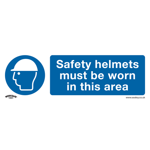 Sealey - SS8V1 Safety Helmets Must Be Worn In This Area - Mandatory Safety Sign - Self-Adhesive Vinyl Safety Products Sealey - Sparks Warehouse