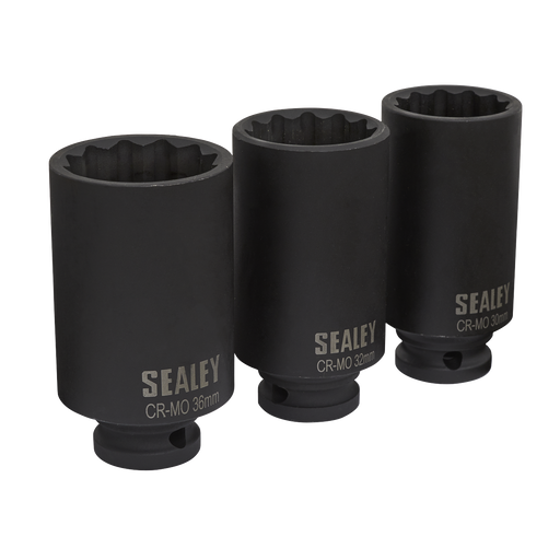 Sealey - SX051 Impact Hub Nut Socket Set 3pc 12-Point 1/2"Sq Drive Vehicle Service Tools Sealey - Sparks Warehouse