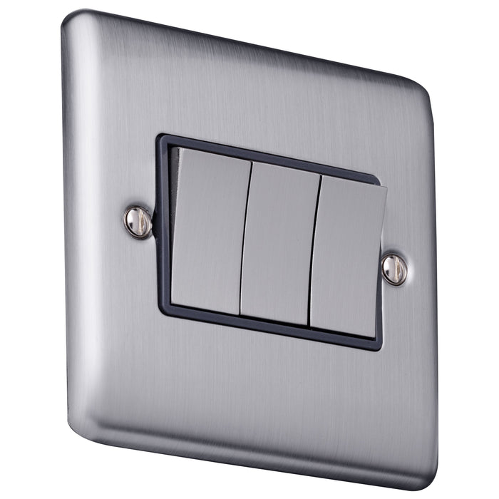 Caradok 3 gang 2 way plate switch Brushed Chrome, Metal Switch, Grey Insert Caradok - The Curve - Brushed Steel Caradok - Sparks Warehouse