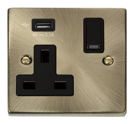 Scolmore VPAB771UBK - 13A 1G Switched Socket With 2.1A USB Outlet - Black Deco Scolmore - Sparks Warehouse