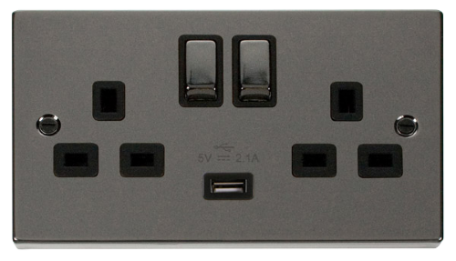 Scolmore VPBN570BK - 13A 2G Ingot Switched Socket With 2.1A USB Outlet (Twin Earth) - Black Deco Scolmore - Sparks Warehouse