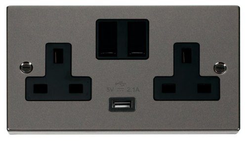 Scolmore VPBN770BK - 13A 2G Switched Socket With 2.1A USB Outlet (Twin Earth) - Black Deco Scolmore - Sparks Warehouse