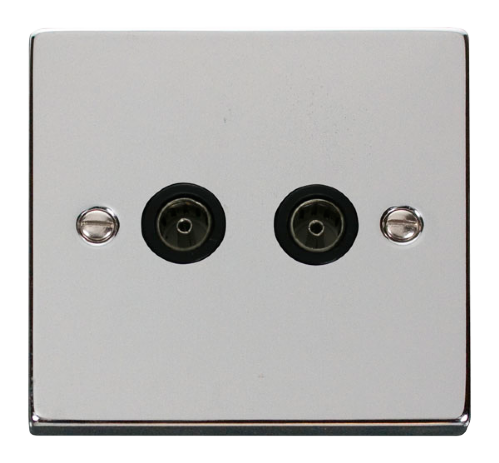 Scolmore VPCH066BK - Chrome Twin Coaxial Socket Outlet - Black inserts Deco Scolmore - Sparks Warehouse