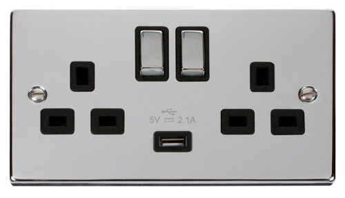 Scolmore VPCH570BK - 13A 2G Ingot Switched Socket With 2.1A USB Outlet (Twin Earth) - Black Deco Scolmore - Sparks Warehouse
