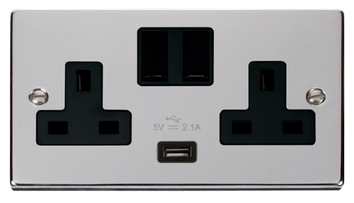Scolmore VPCH770BK - 13A 2G Switched Socket With 2.1A USB Outlet (Twin Earth) - Black Deco Scolmore - Sparks Warehouse