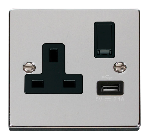 Scolmore VPCH771BK - 13A 1G Switched Socket With 2.1A USB Outlet - Black Deco Scolmore - Sparks Warehouse