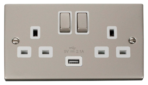 Scolmore VPPN570WH - 13A 2G Ingot Switched Socket With 2.1A USB Outlet (Twin Earth) - White Deco Scolmore - Sparks Warehouse