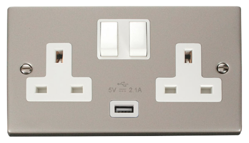 Scolmore VPPN770WH - 13A 2G Switched Socket With 2.1A USB Outlet (Twin Earth) - White Deco Scolmore - Sparks Warehouse