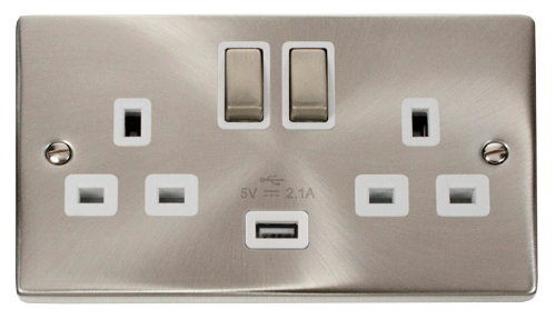 Scolmore VPSC570WH - 13A 2G Ingot Switched Socket With 2.1A USB Outlet (Twin Earth) - White Deco Scolmore - Sparks Warehouse