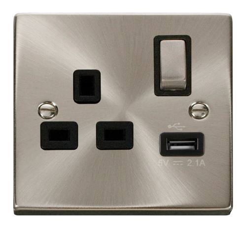 Scolmore VPSC571UBK - 13A 1G Ingot Switched Socket With 2.1A USB Outlet - Black Deco Scolmore - Sparks Warehouse
