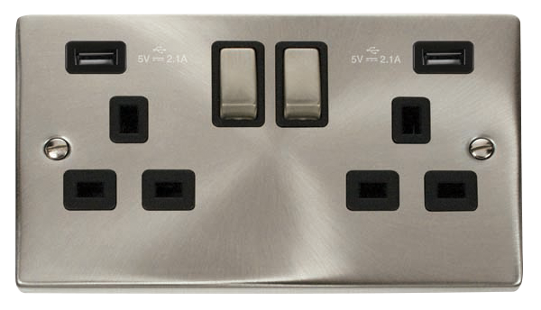 Scolmore VPSC580BK - 13A 2G Ingot Switched Socket With 2 x  2.1A USB Outlet (Twin Earth) - Black Deco Scolmore - Sparks Warehouse