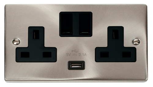 Scolmore VPSC770BK - 13A 2G Switched Socket With 2.1A USB Outlet (Twin Earth) - Black Deco Scolmore - Sparks Warehouse