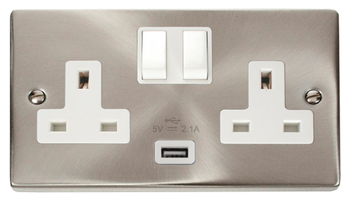 Scolmore VPSC770WH - 13A 2G Switched Socket With 2.1A USB Outlet (Twin Earth) - White Deco Scolmore - Sparks Warehouse