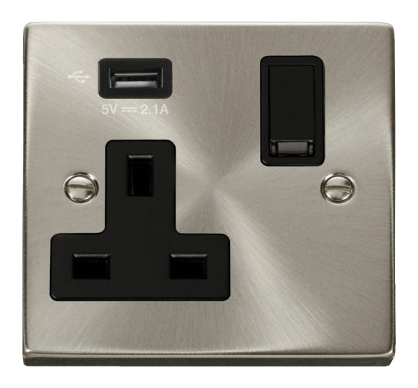 Scolmore VPSC771UBK - 13A 1G Switched Socket With 2.1A USB Outlet - Black Deco Scolmore - Sparks Warehouse