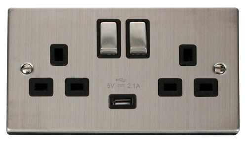 Scolmore VPSS570BK - Victorian Stainless Steel 13A 2G Ingot Switched Socket With 2.1A USB Outlet (Twin Earth) - Black Deco Scolmore - Sparks Warehouse